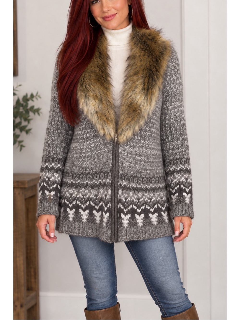Vanity Cozy gray knit cardigan sweater featuring a plush brown faux-fur collar